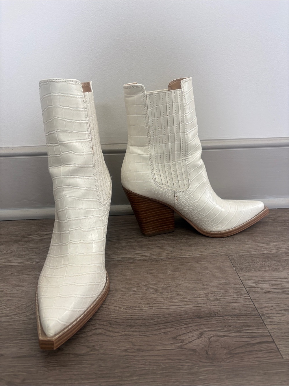 Nine West Cream Croc-Embossed Pointed Toe Ankle Boots